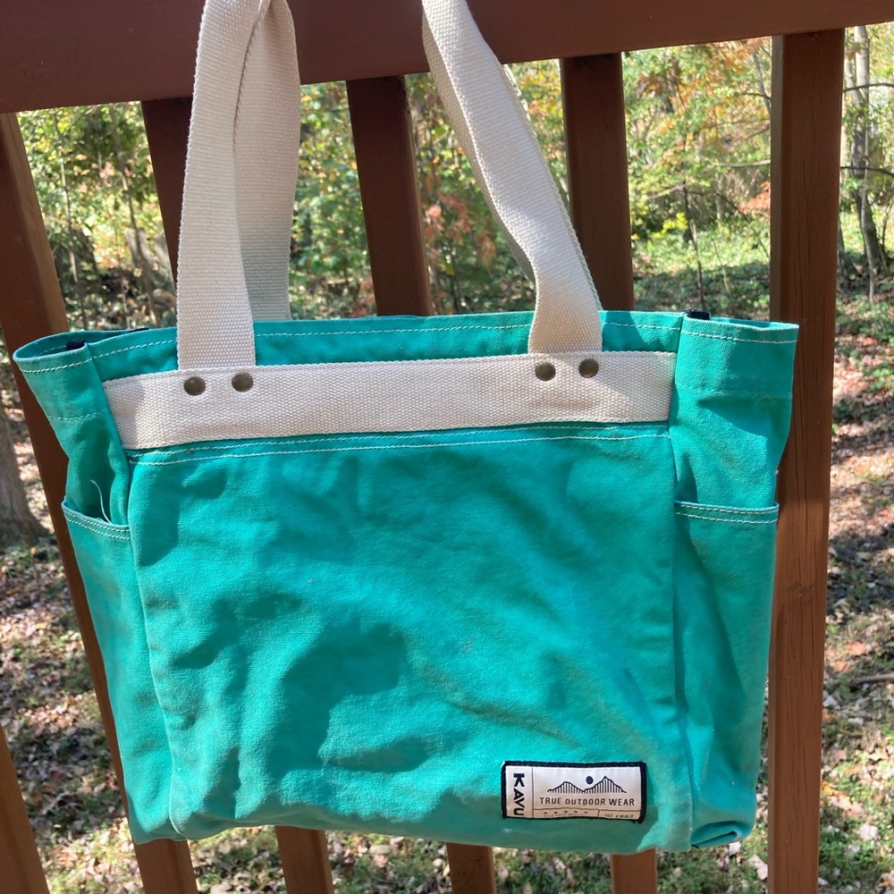 Kavu Teal Canvas Tote with Cream Straps